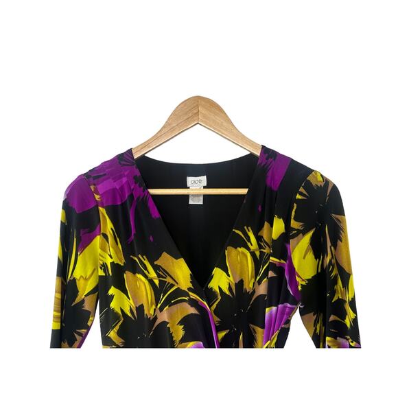 CACHE Purple & Black Tropical Floral Faux Sheath Wrap Dress Women's Small - Picture 2 of 7